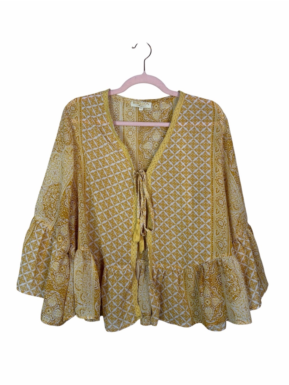 Rebellion Again Mustard Paisley Tie Front Kimono Top L Bell Sleeve Boho